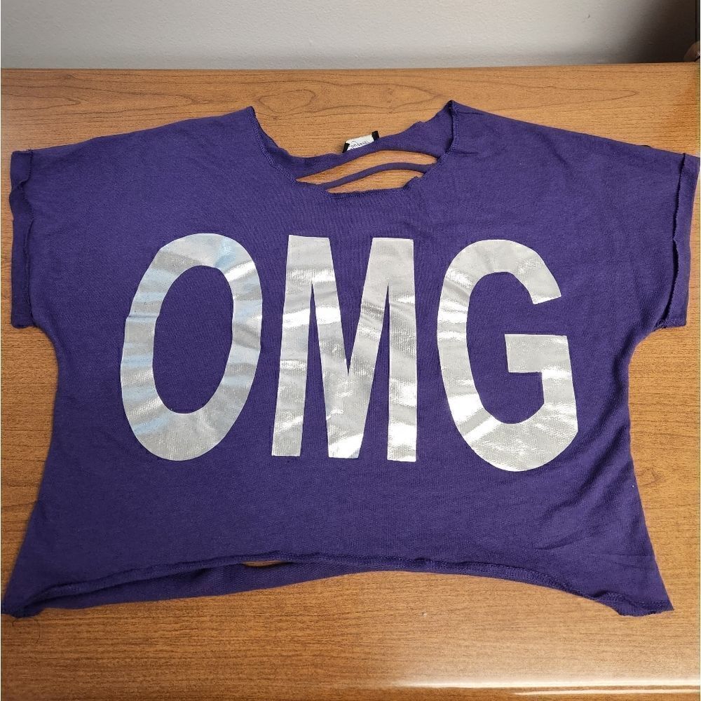 Stargazer Large purple shirt with OMG in silver on the front and laser cut back.